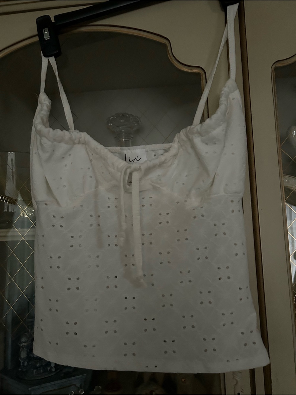 Livi White Eyelet Spaghetti Strap Crop Top SZ L jr. B:791 7/18/26